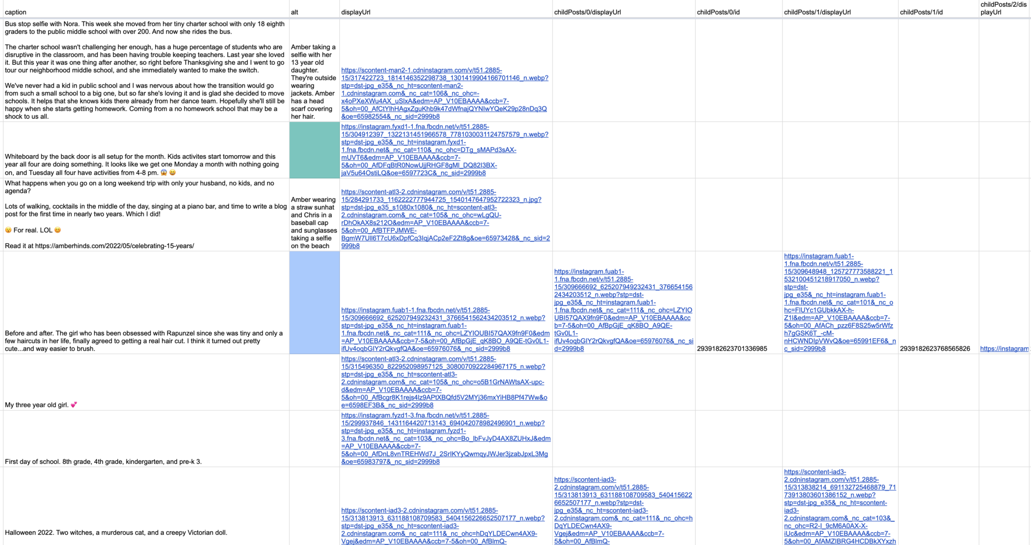 Example CSV from scraping Instagram API includes columns for caption, alt, primary image display URL, child post display URLs and IDs.